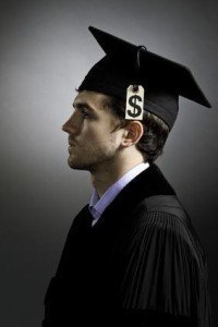 College graduate with tuition price tag, vertical